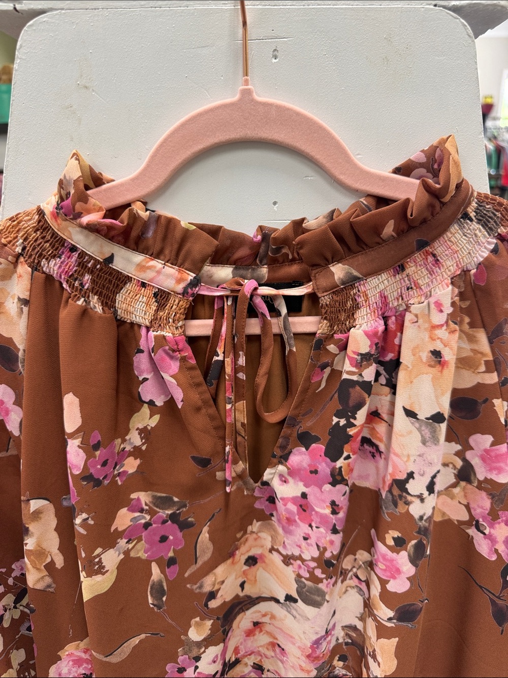 Floral Ruffle Neck Peasant Blouse - Brown/Pink - Picture 2 of 6